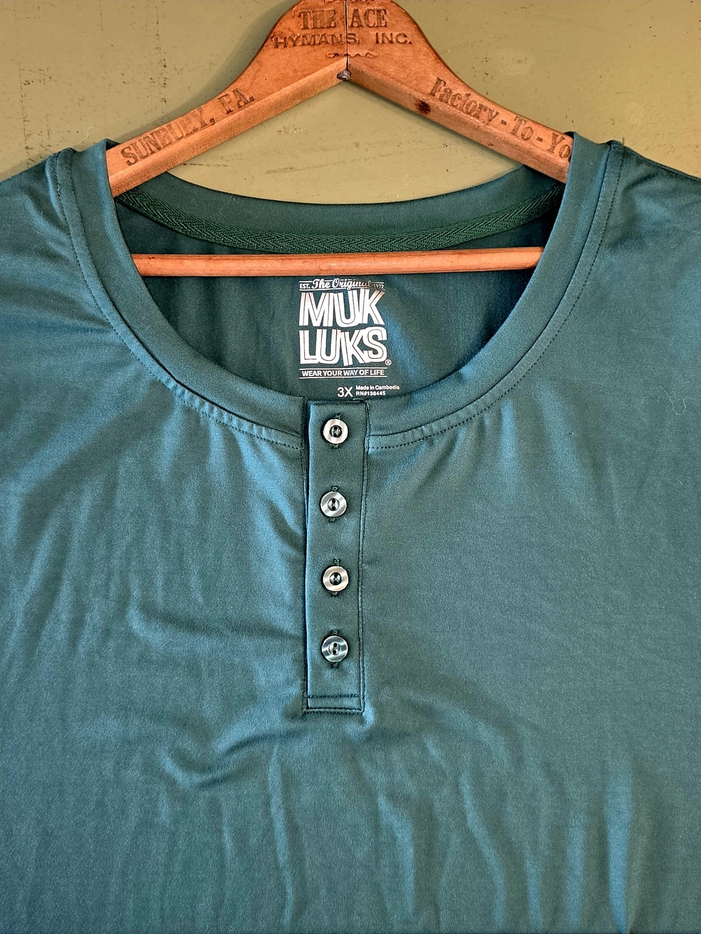 Muk Luks Big & Tall Henley Shirt Mens 3XL Green Long Sleeve Super Stretchy NWT